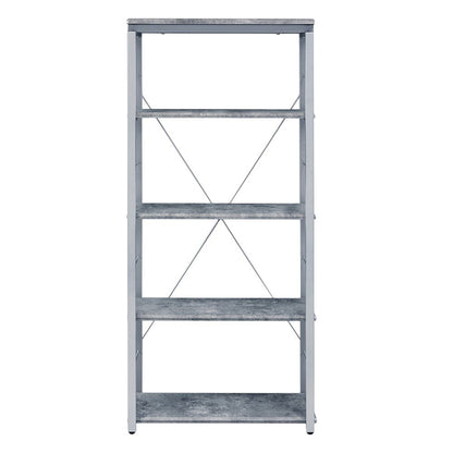 54" Gray And Silver Metal and Wood Four Tier Etagere Bookcase