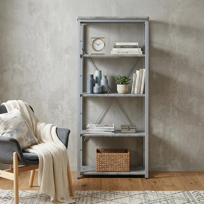 54" Gray And Silver Metal and Wood Four Tier Etagere Bookcase