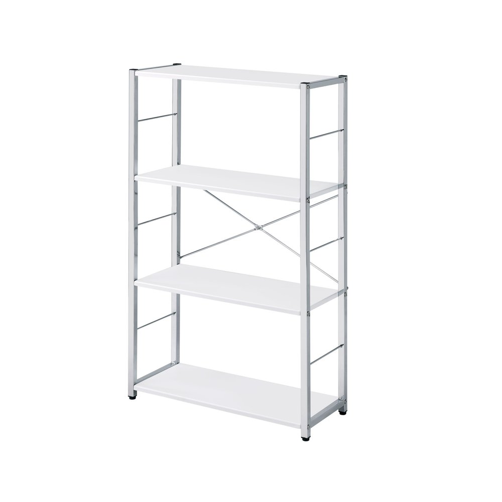 42" White And Silver Metal and Wood Four Tier Etagere Bookcase