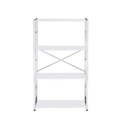 42" White And Silver Metal and Wood Four Tier Etagere Bookcase