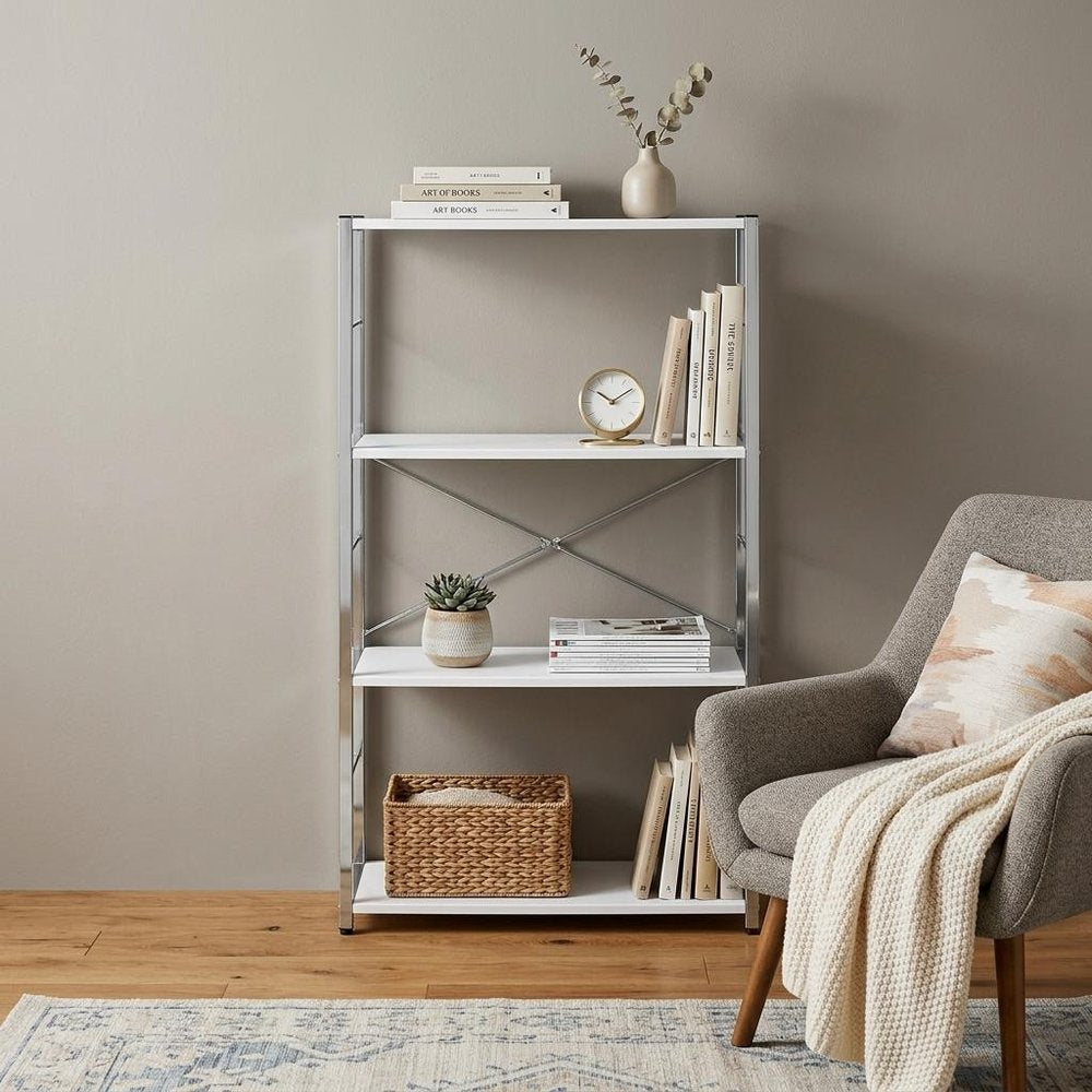 42" White And Silver Metal and Wood Four Tier Etagere Bookcase