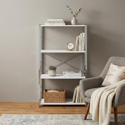 42" White And Silver Metal and Wood Four Tier Etagere Bookcase