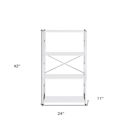 42" White And Silver Metal and Wood Four Tier Etagere Bookcase