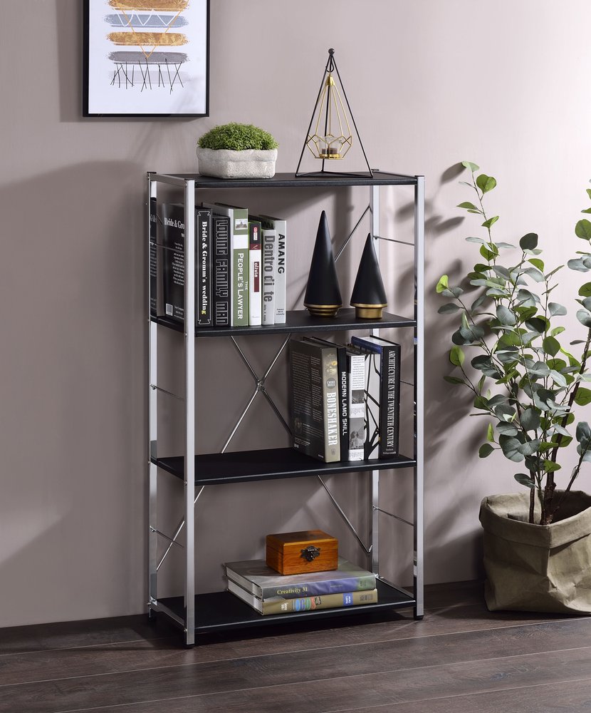 42" Black And Silver Metal and Wood Four Tier Etagere Bookcase