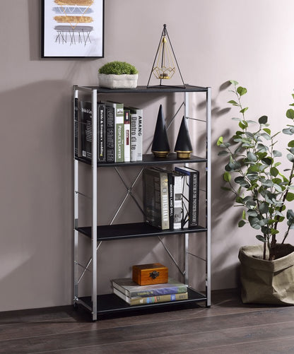 42" Black And Silver Metal and Wood Four Tier Etagere Bookcase
