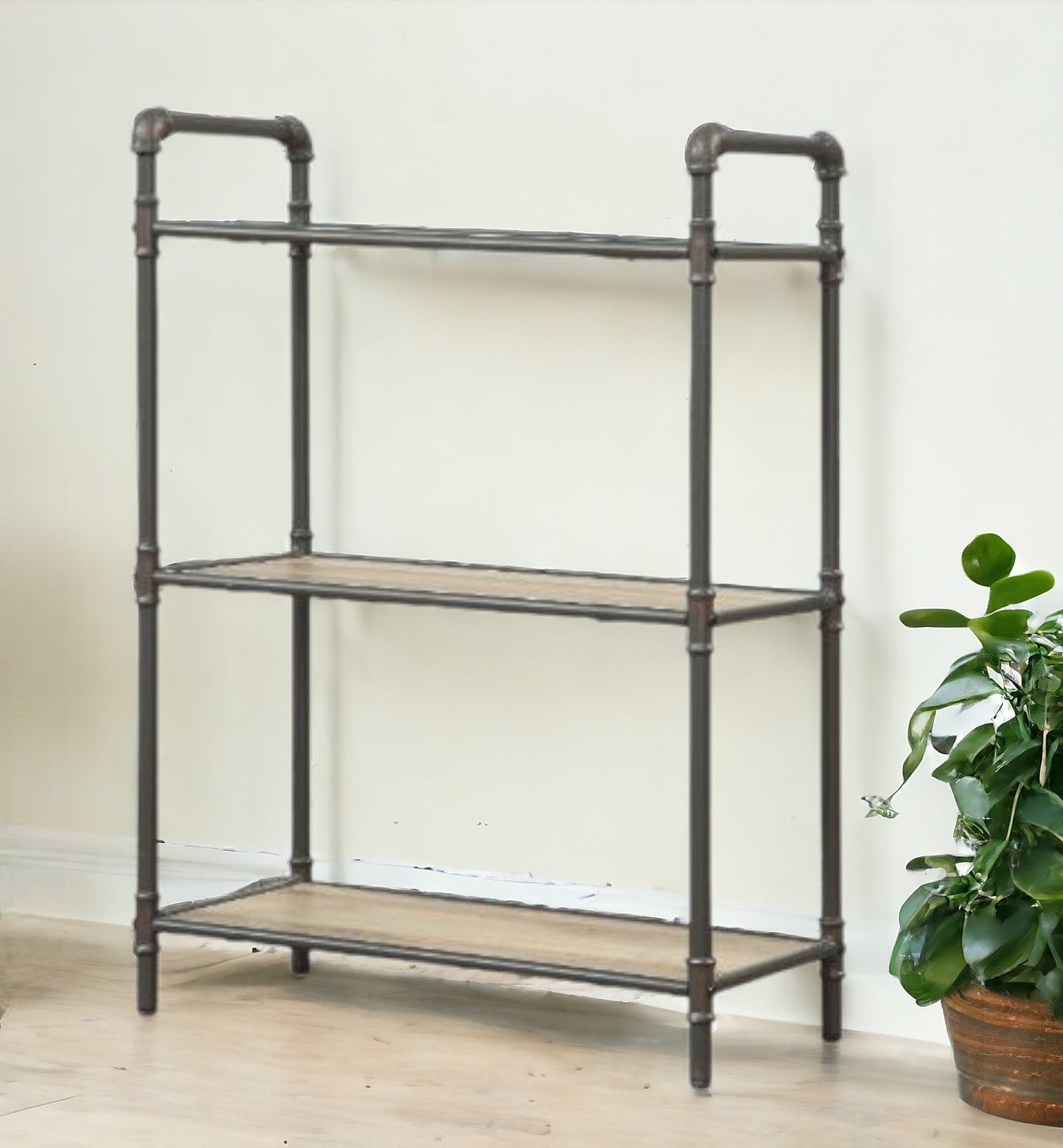 36" Antique Oak and Sandy Gray Metal Three Tier Standard Bookcase