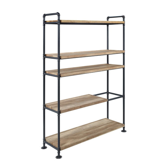 65" Natural And Black Metal and Wood Five Tier Etagere Bookcase