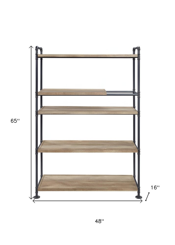 65" Natural And Black Metal and Wood Five Tier Etagere Bookcase