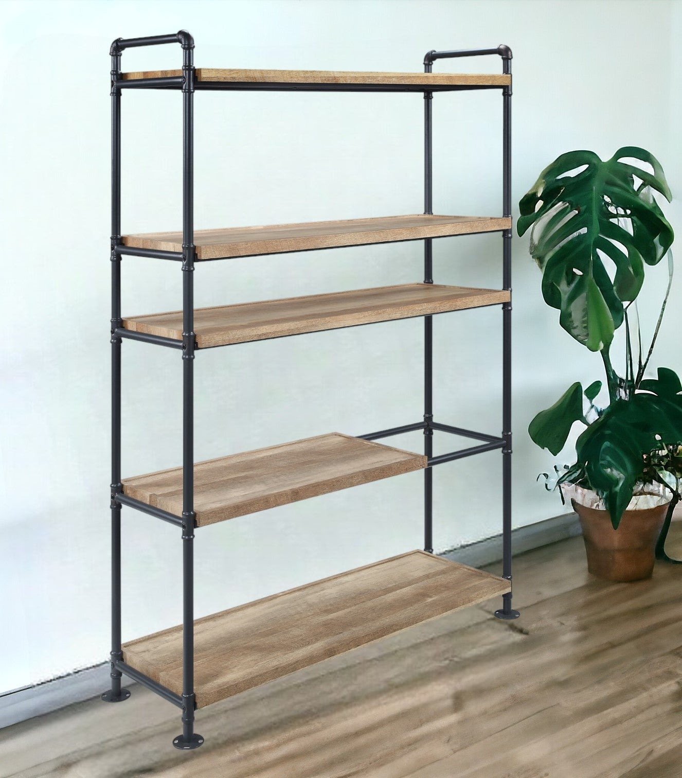 65" Brown and Black Metal Five Tier Etagere Bookcase