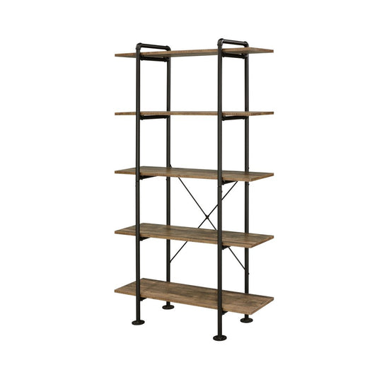 Brown & black metal five-tier etagere bookcase, 73 inches tall.