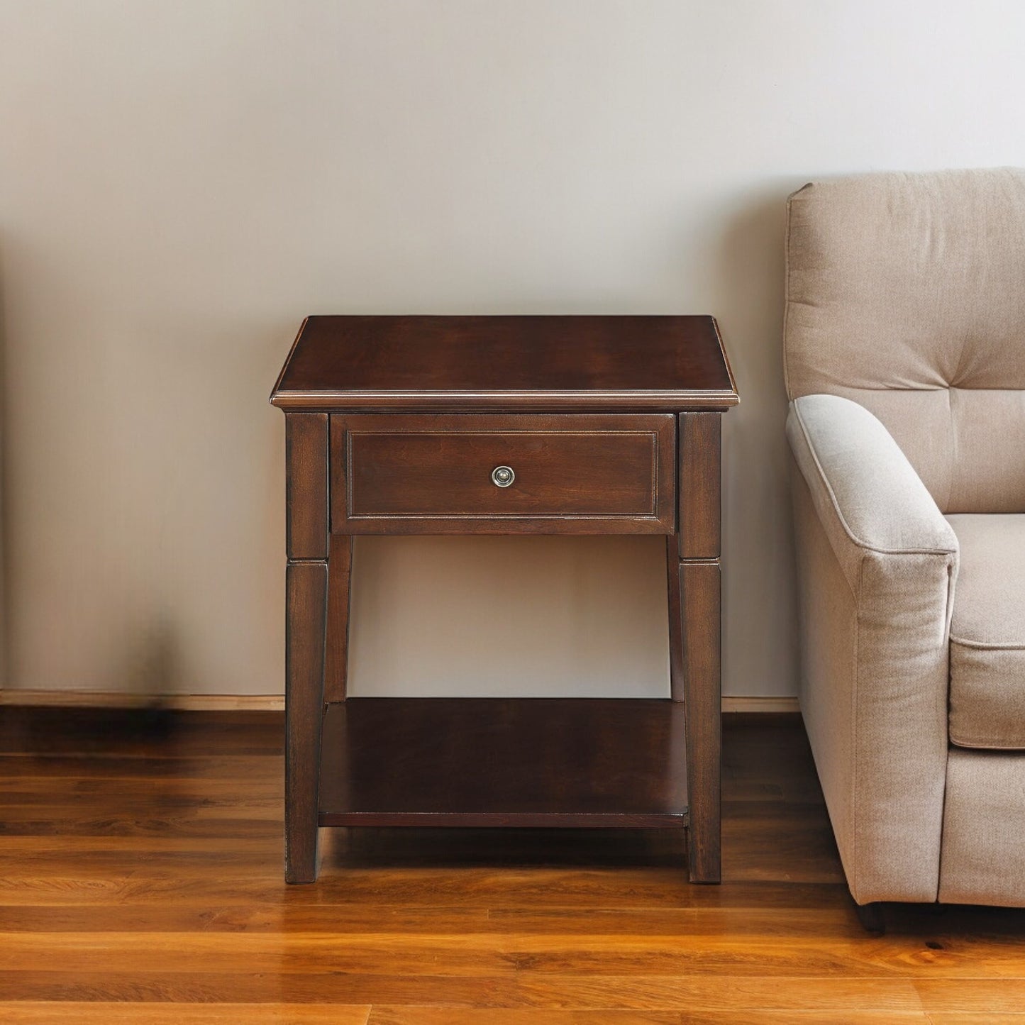 24" Walnut Manufactured Wood Rectangular End Table With Drawer And Shelf