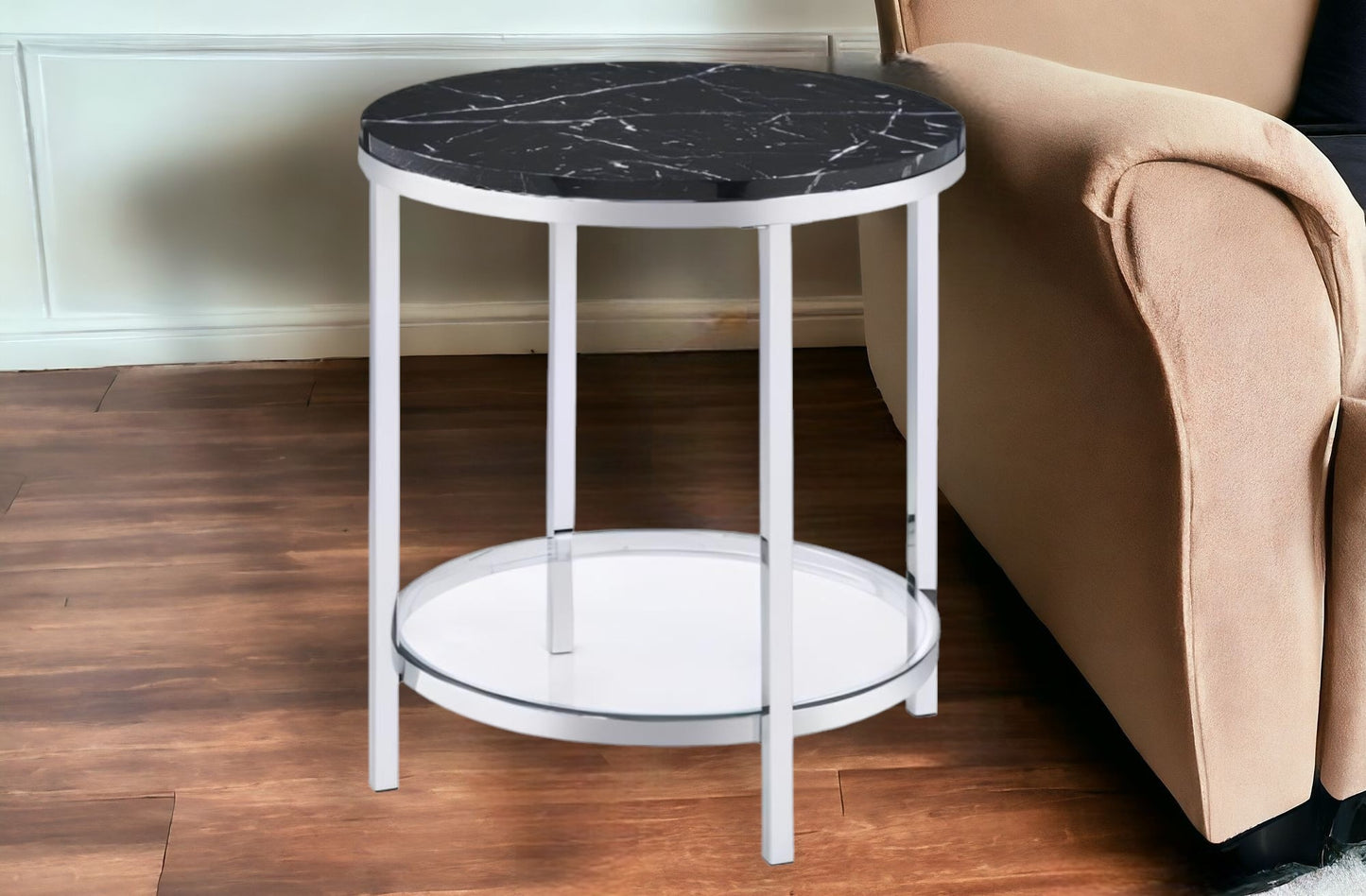 25" Chrome And Black Faux Marble And Metal Round End Table With Shelf