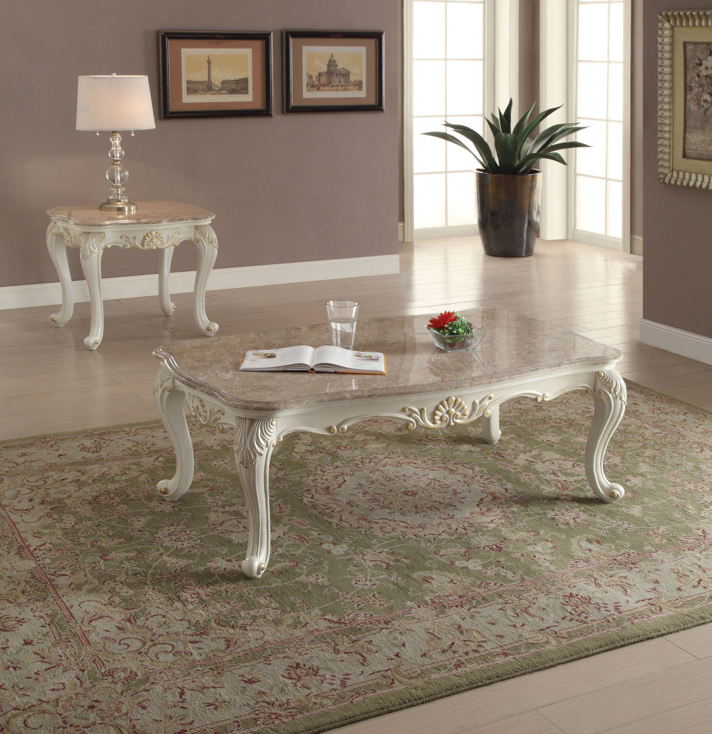 24" Pearl White Brushed With Gold Accents And Light Brown Marble End Table