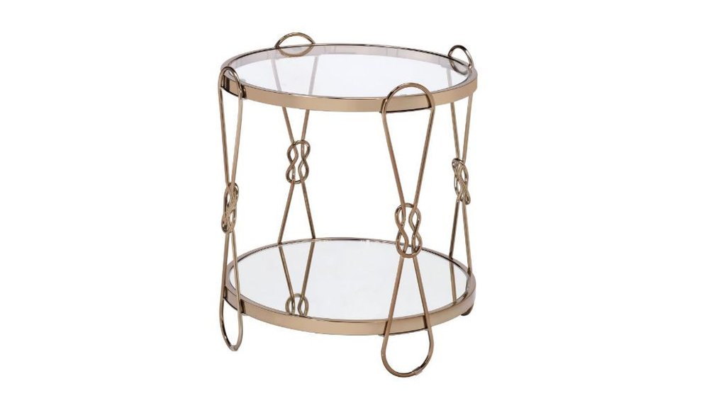 23" Clear And Gold Mirrored Glass And Iron Round Sled End Table With Shelf