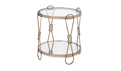 23" Clear And Gold Mirrored Glass And Iron Round Sled End Table With Shelf