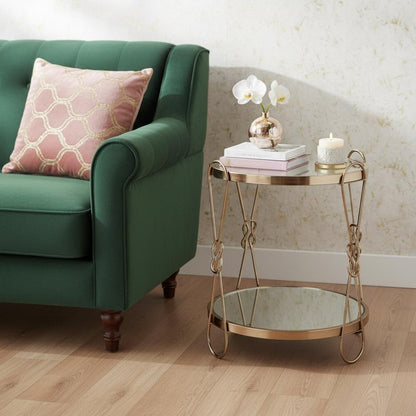 23" Clear And Gold Mirrored Glass And Iron Round Sled End Table With Shelf