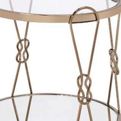 23" Clear And Gold Mirrored Glass And Iron Round Sled End Table With Shelf