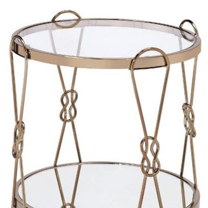 23" Clear And Gold Mirrored Glass And Iron Round Sled End Table With Shelf