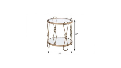 23" Clear And Gold Mirrored Glass And Iron Round Sled End Table With Shelf
