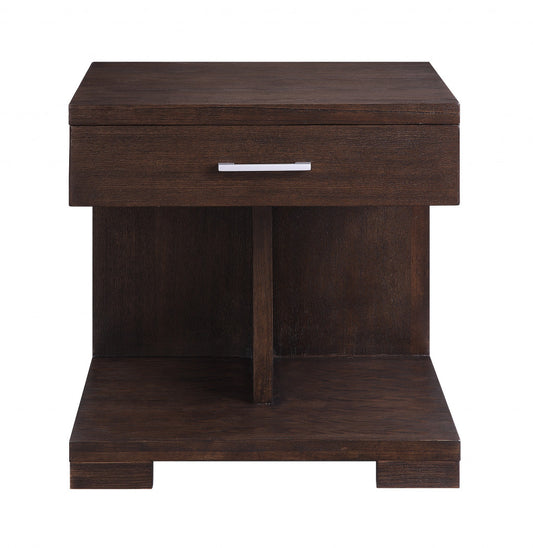 24" Brown Wood Square End Table With Drawer And Shelf