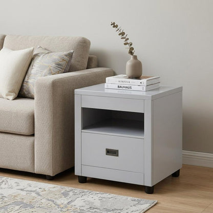 24" Gray Wood Square End Table With Drawer And Shelf
