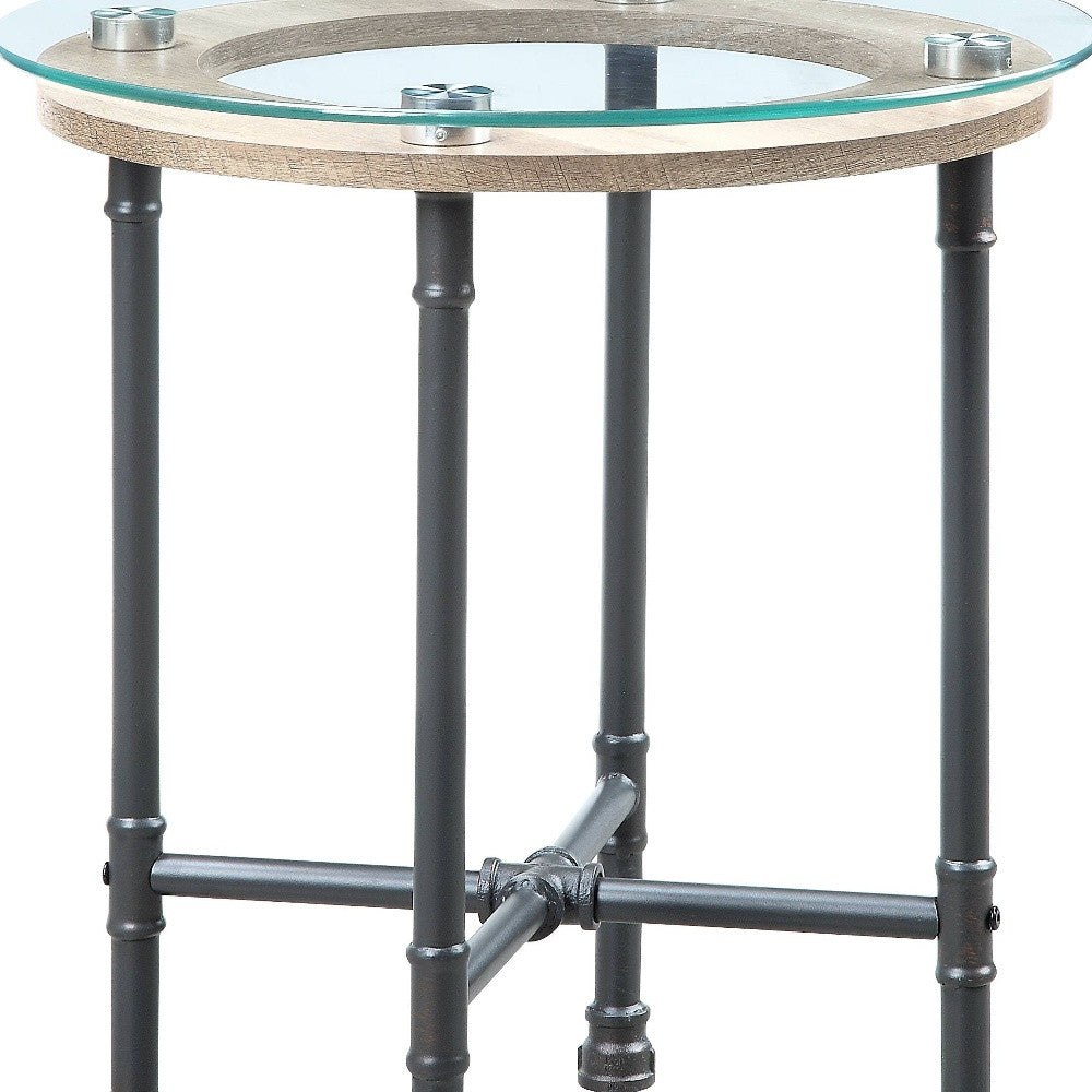 24" Sandy Gray And Clear Glass And Metal Round End Table