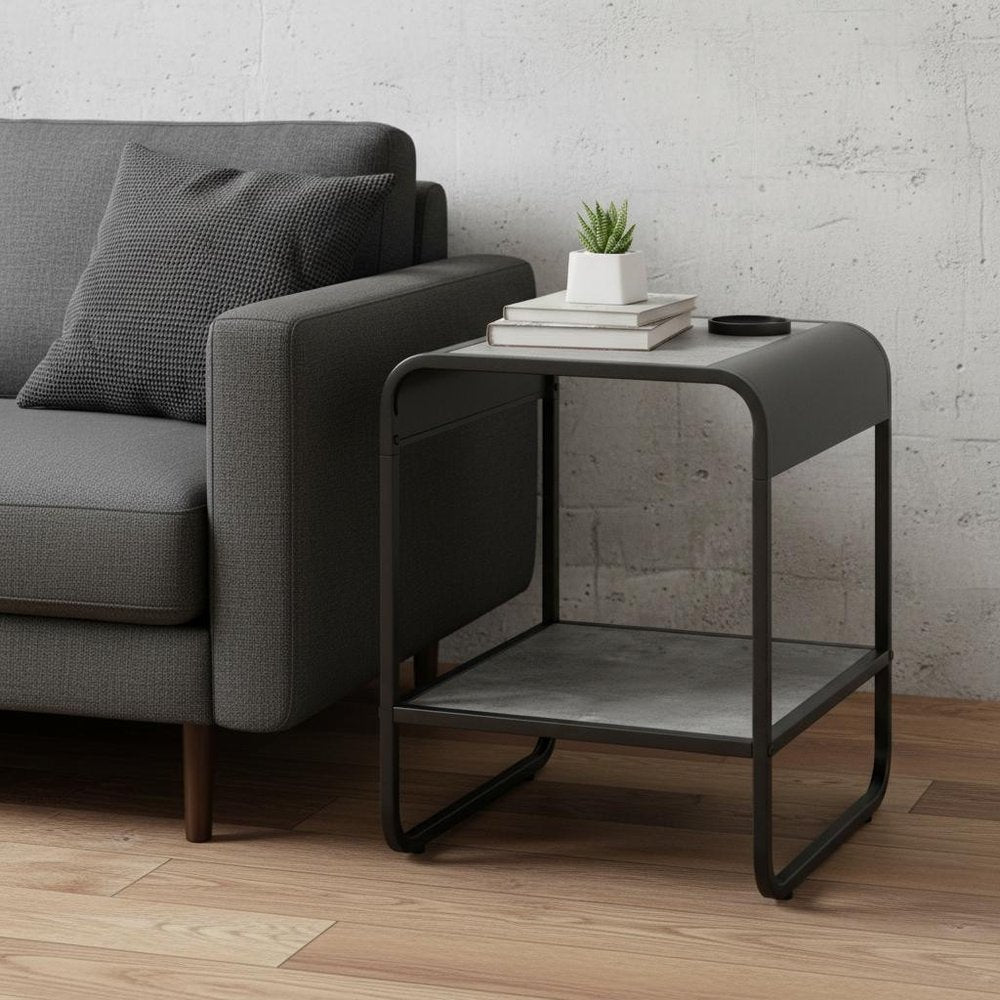 21" Black And Concrete Gray Manufactured Wood And Metal Rectangular End Table With Shelf