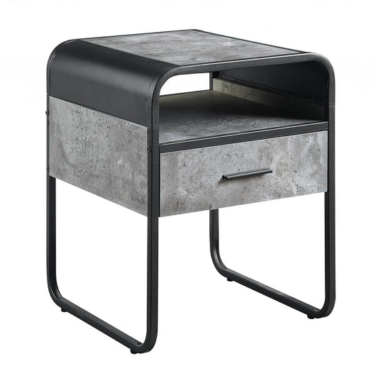 22" Gray And Black Wood And Iron Square Sled End Table With Drawer And Shelf