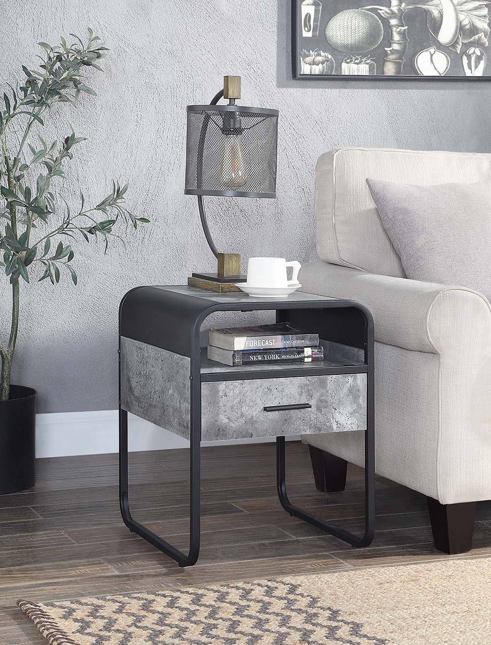 22" Black And Gray Wood And Metal Square End Table With Drawer And Shelf