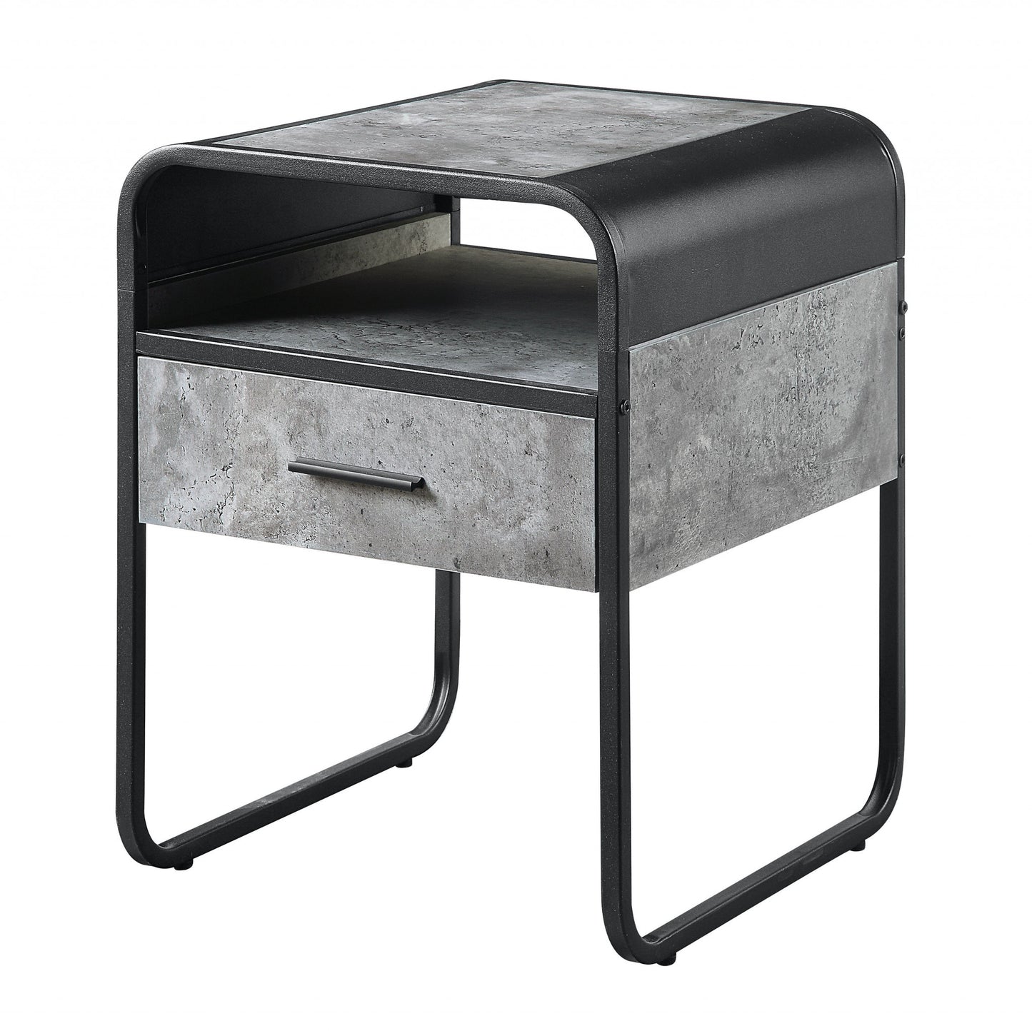 22" Black And Gray Wood And Metal Square End Table With Drawer And Shelf