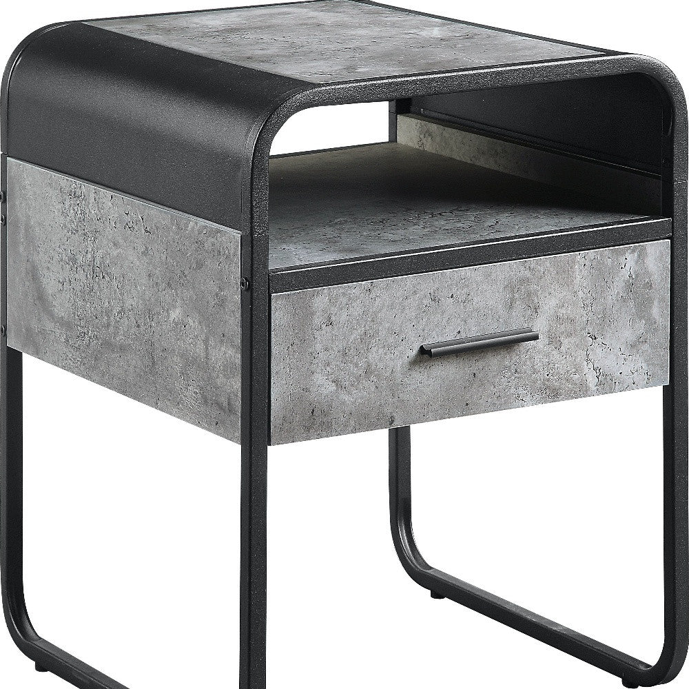 22" Black And Gray Wood And Metal Square End Table With Drawer And Shelf