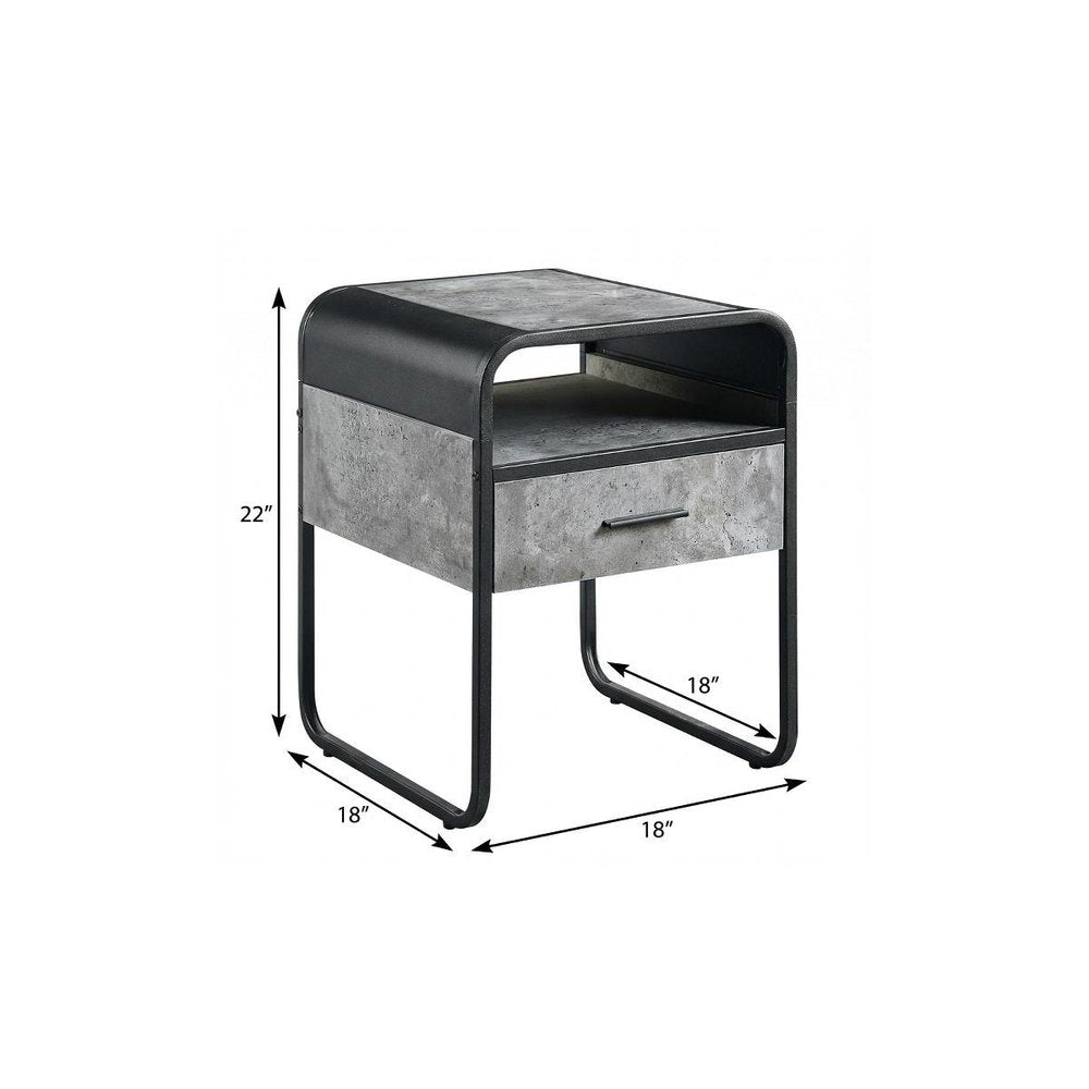 22" Black And Gray Wood And Metal Square End Table With Drawer And Shelf