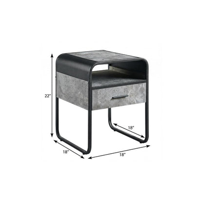 22" Black And Gray Wood And Metal Square End Table With Drawer And Shelf