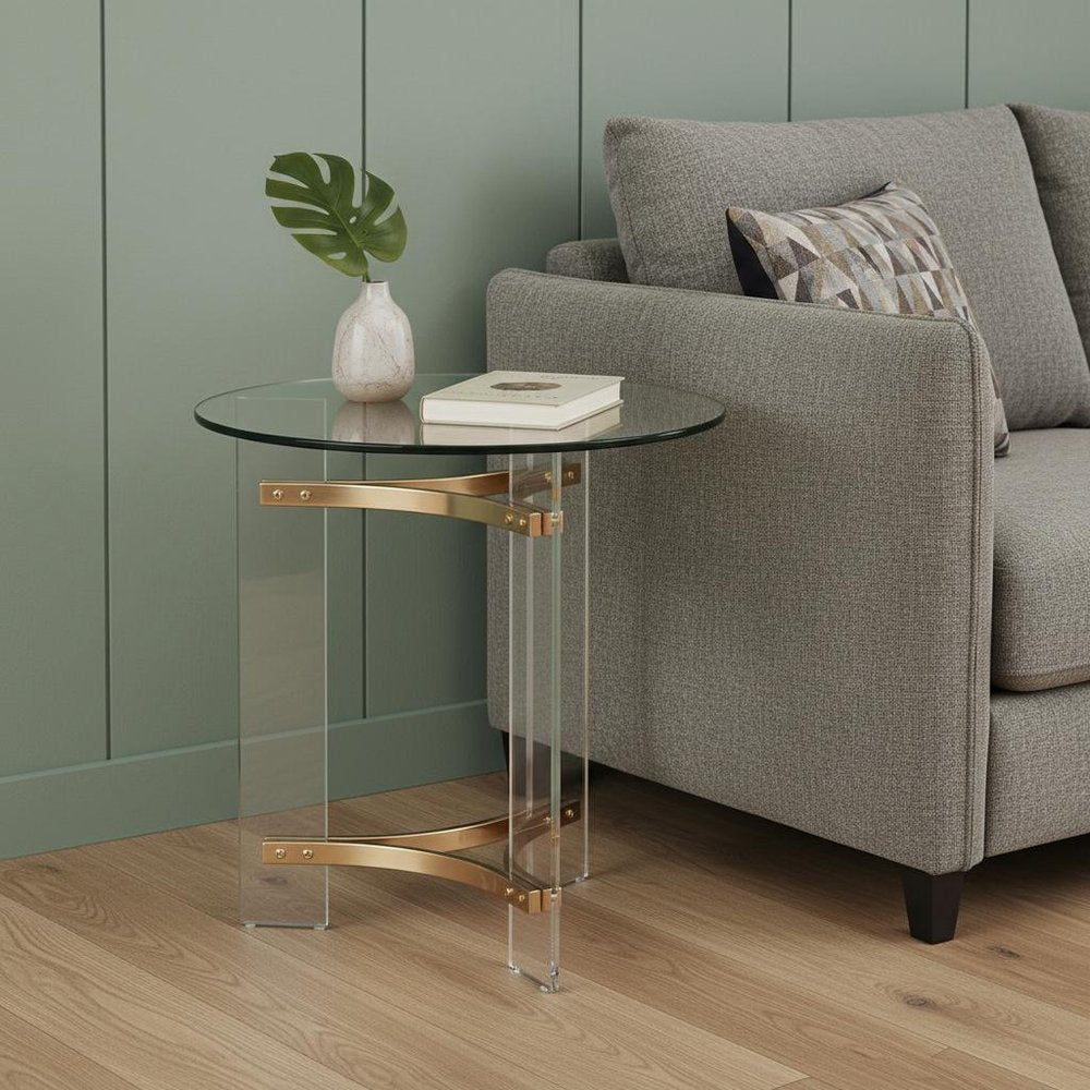 24" Clear And Gold Glass And Iron Round End Table