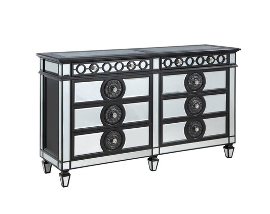 68" Black And Silver Wood Mirrored Eight Drawer Double Dresser
