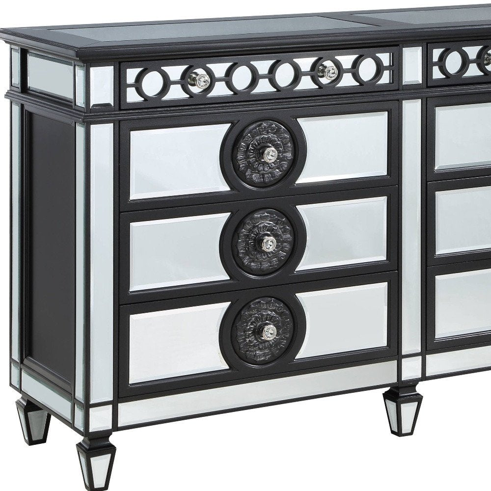 68" Black And Silver Wood Mirrored Eight Drawer Double Dresser