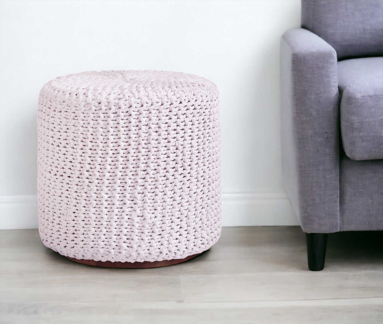 16" White Cotton Blend Round Pouf Ottoman