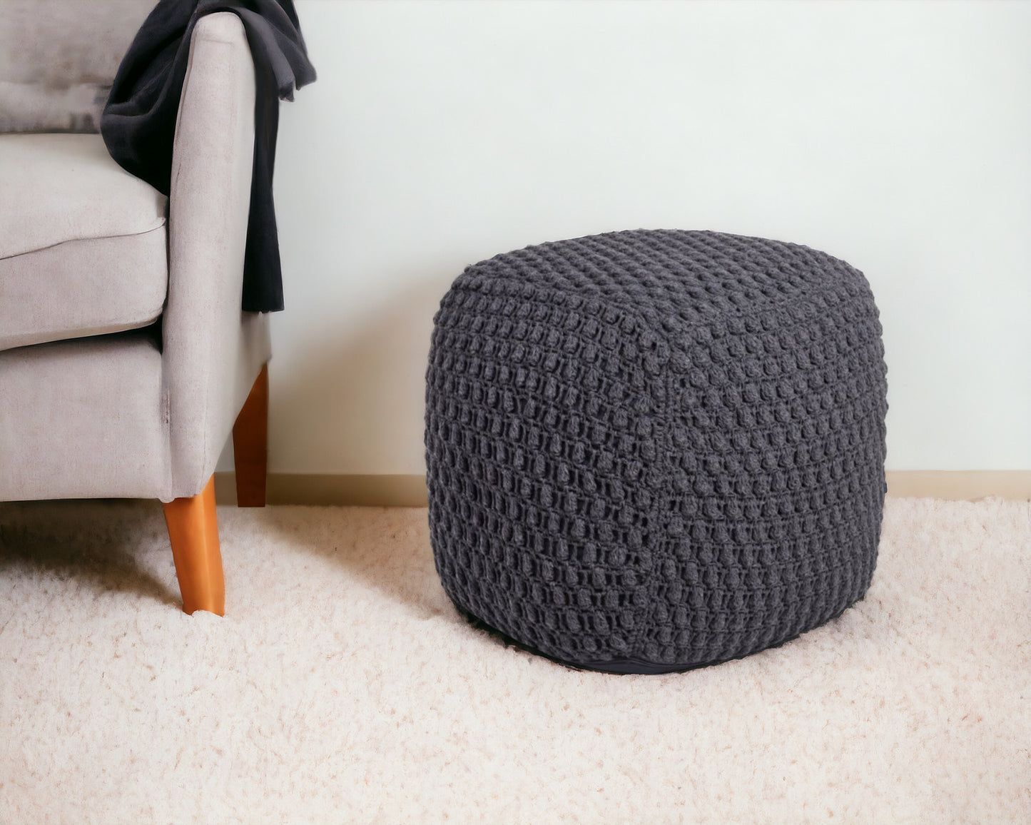 18" White Cotton Blend Pouf Ottoman