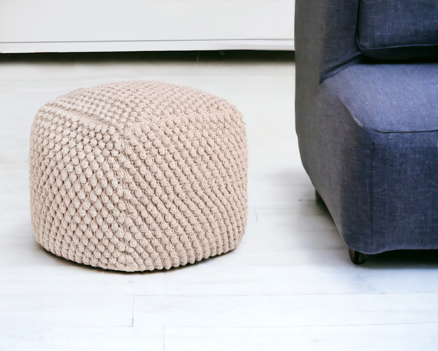 18" White Cotton Blend Pouf Ottoman