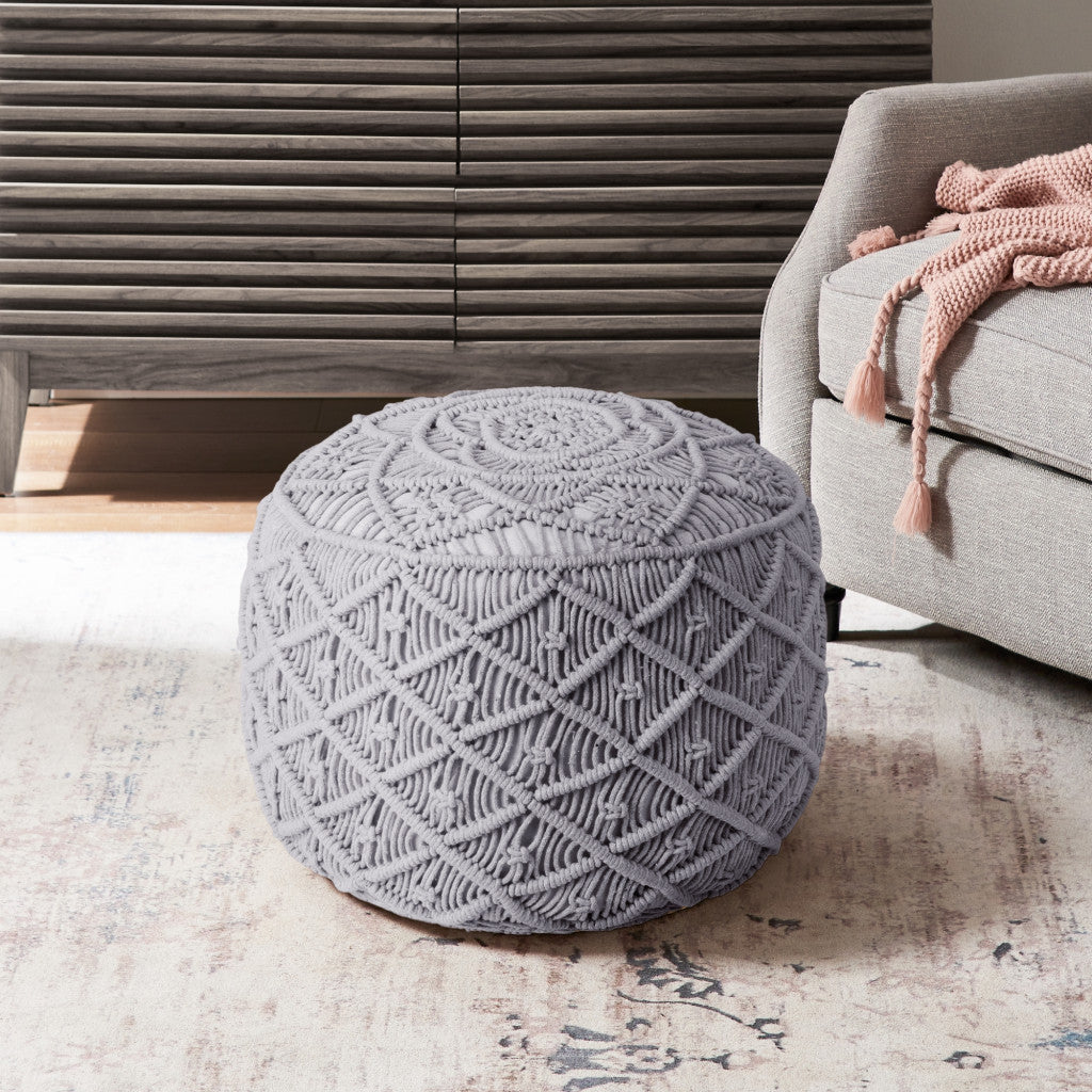 18" Light Gray Cotton Blend Round Geometric Pouf Ottoman