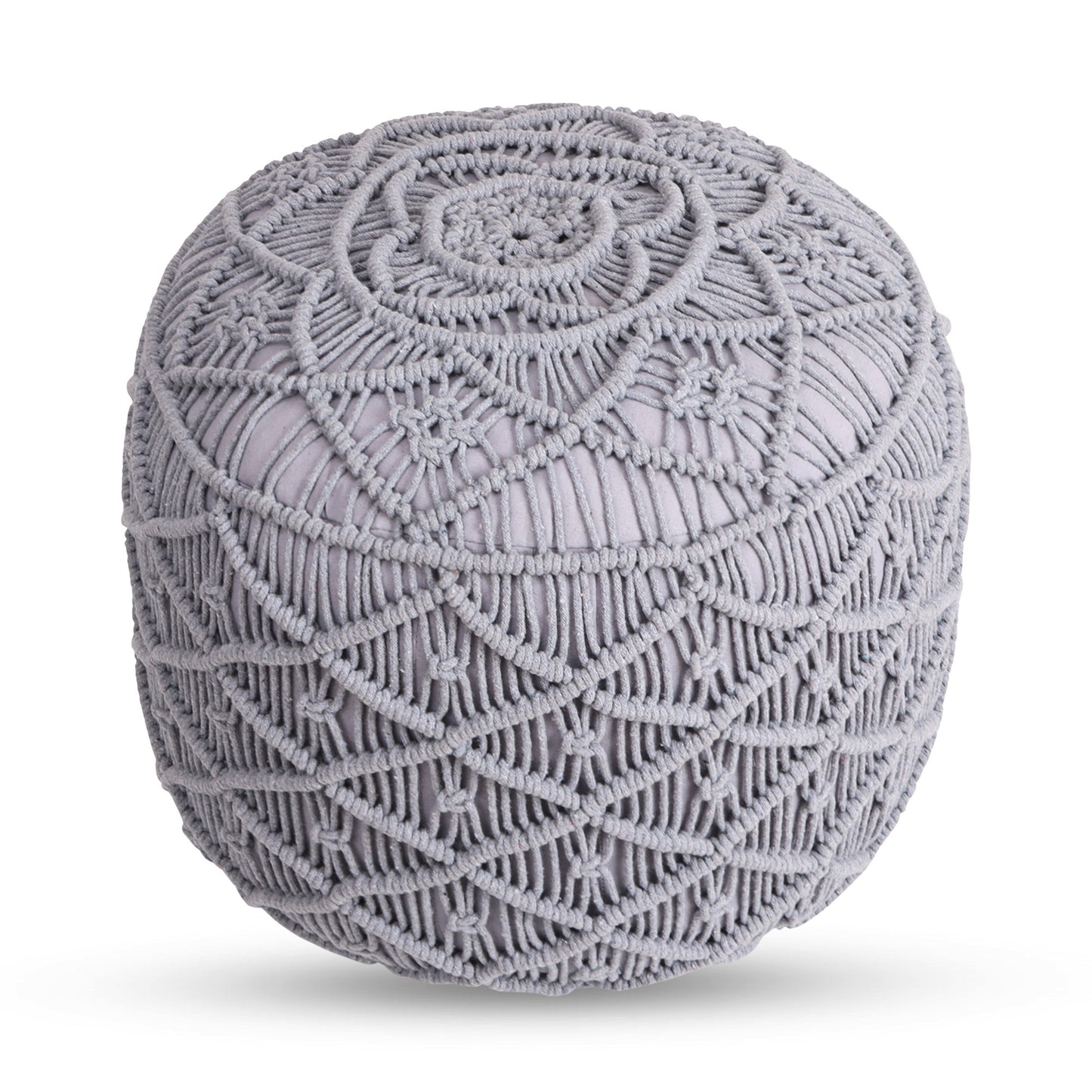 18" Light Gray Cotton Blend Round Geometric Pouf Ottoman