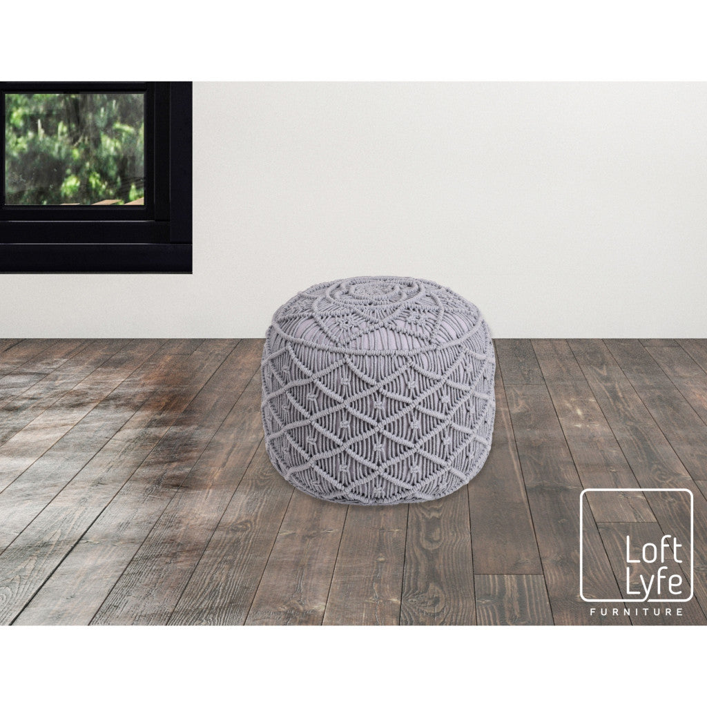 18" Light Gray Cotton Blend Round Geometric Pouf Ottoman