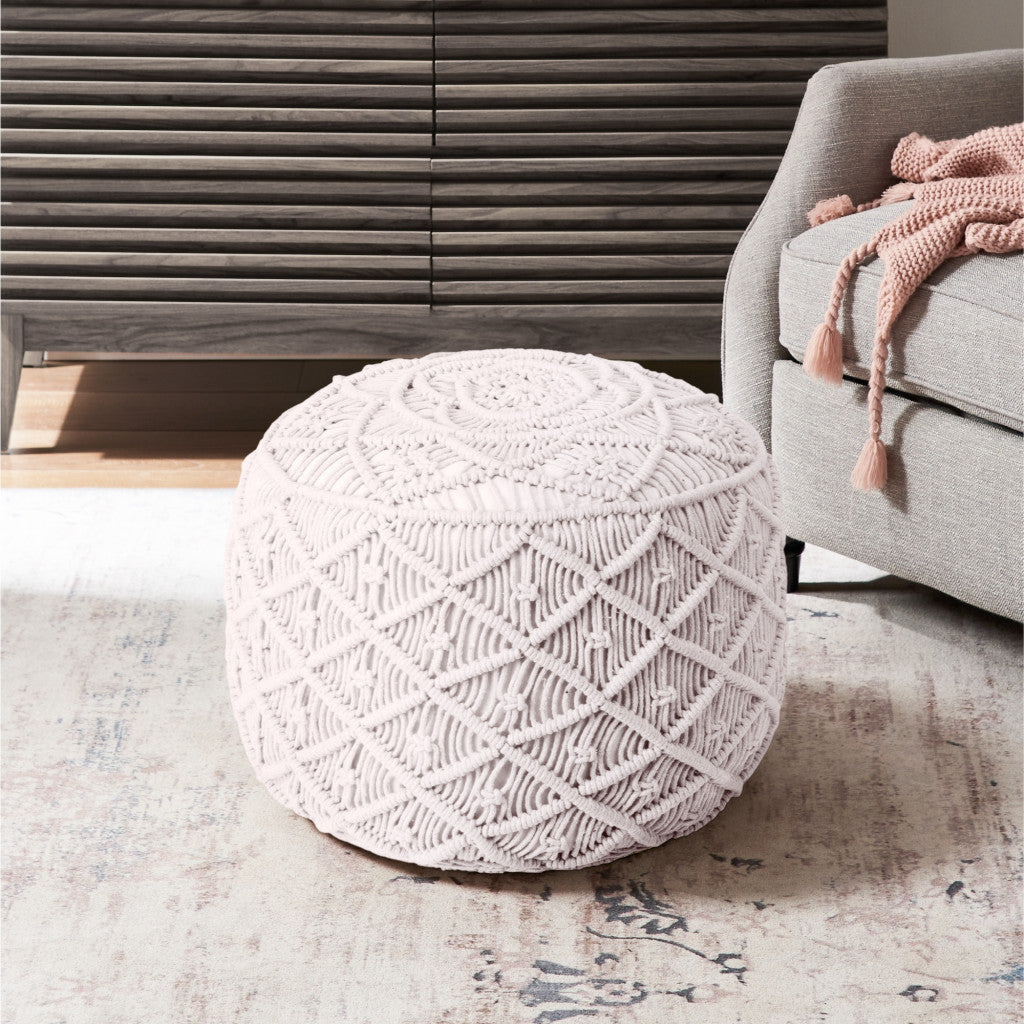 18" Light Gray Cotton Blend Round Geometric Pouf Ottoman