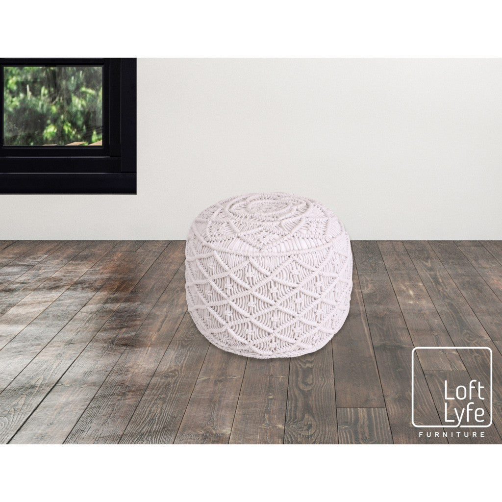 18" Light Gray Cotton Blend Round Geometric Pouf Ottoman