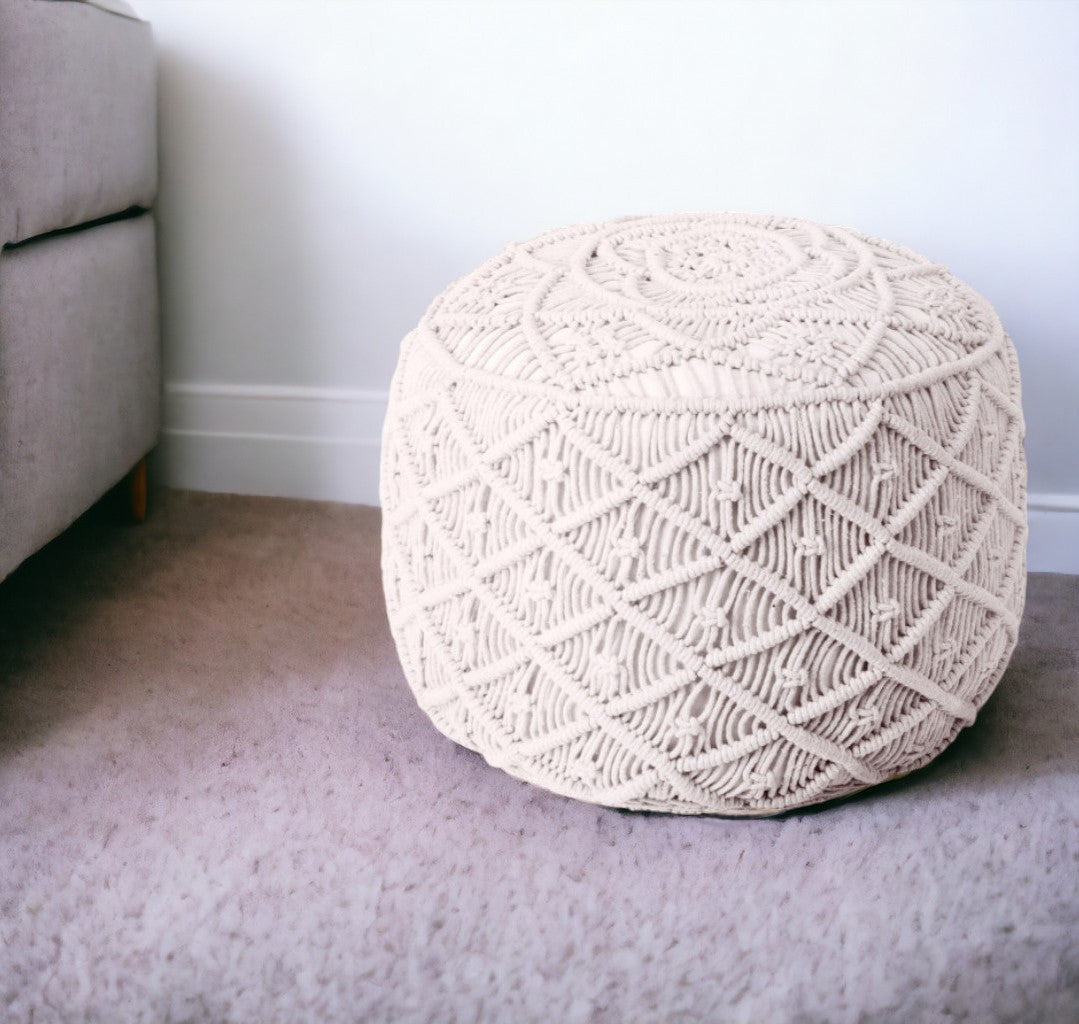 18" Light Gray Cotton Blend Round Geometric Pouf Ottoman