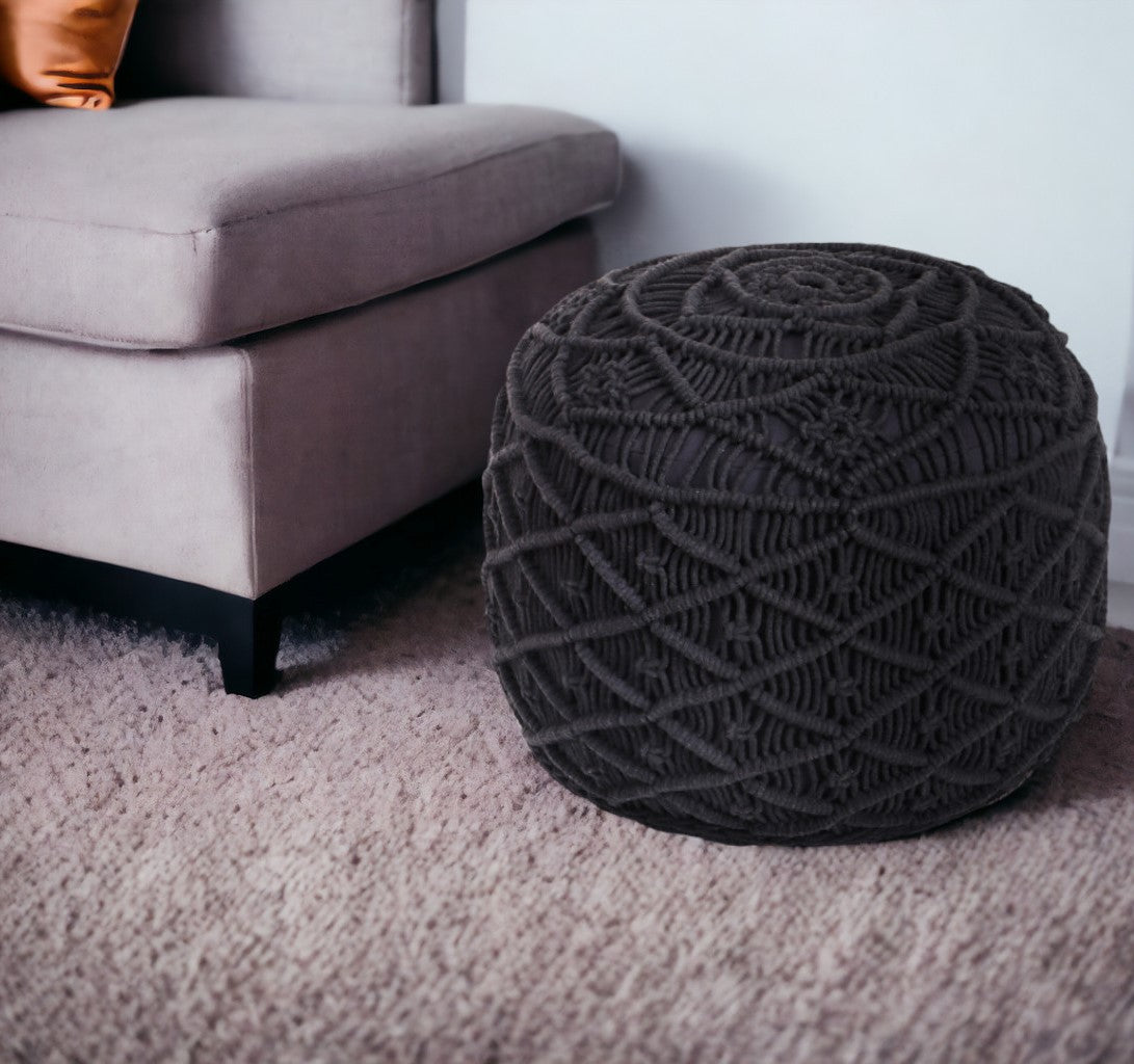 18" Light Gray Cotton Blend Round Geometric Pouf Ottoman