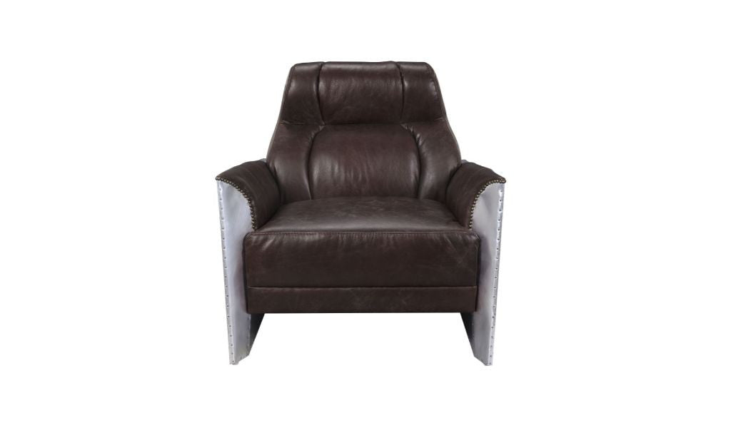 35" Espresso And Silver Top Grain Leather Tufted Club Chair