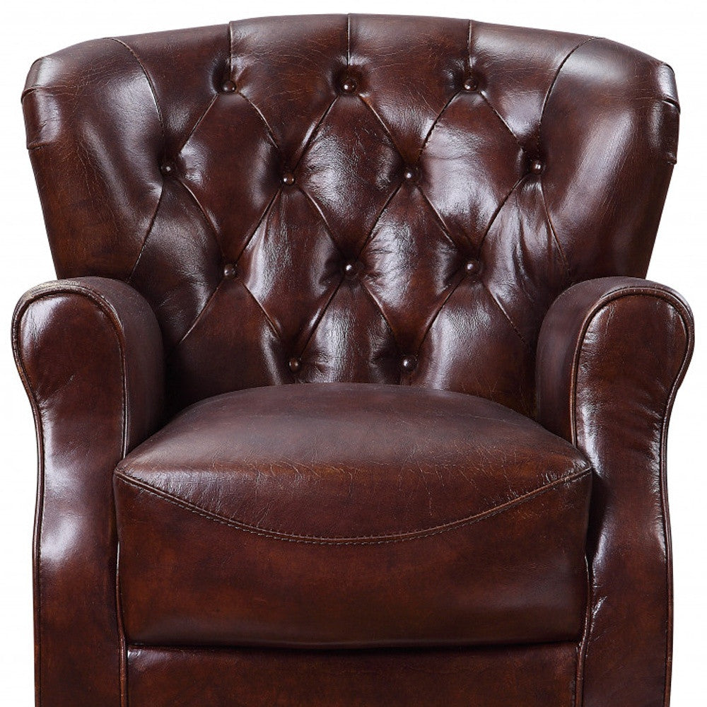 30" Vintage Brown Top Grain Leather And Steel Solid Color Club Chair