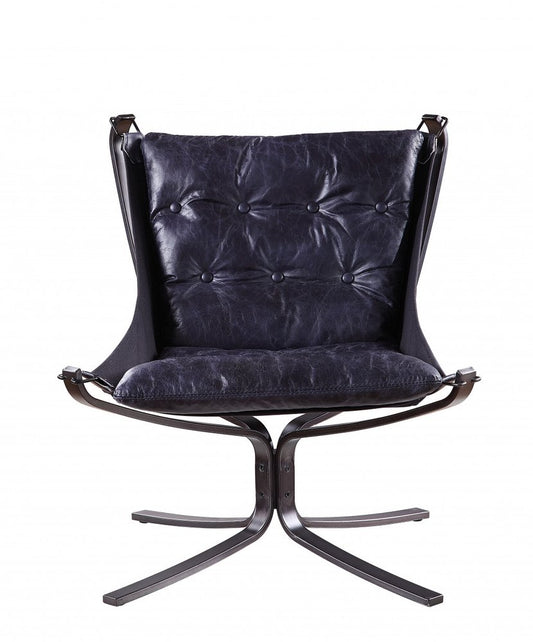 30" Blue and Steel Blue Top Grain Leather Tufted Lounge Chair