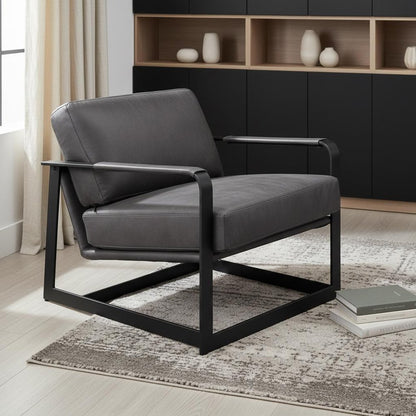 28" Gray and Steel Blue Top Grain Leather Arm Chair
